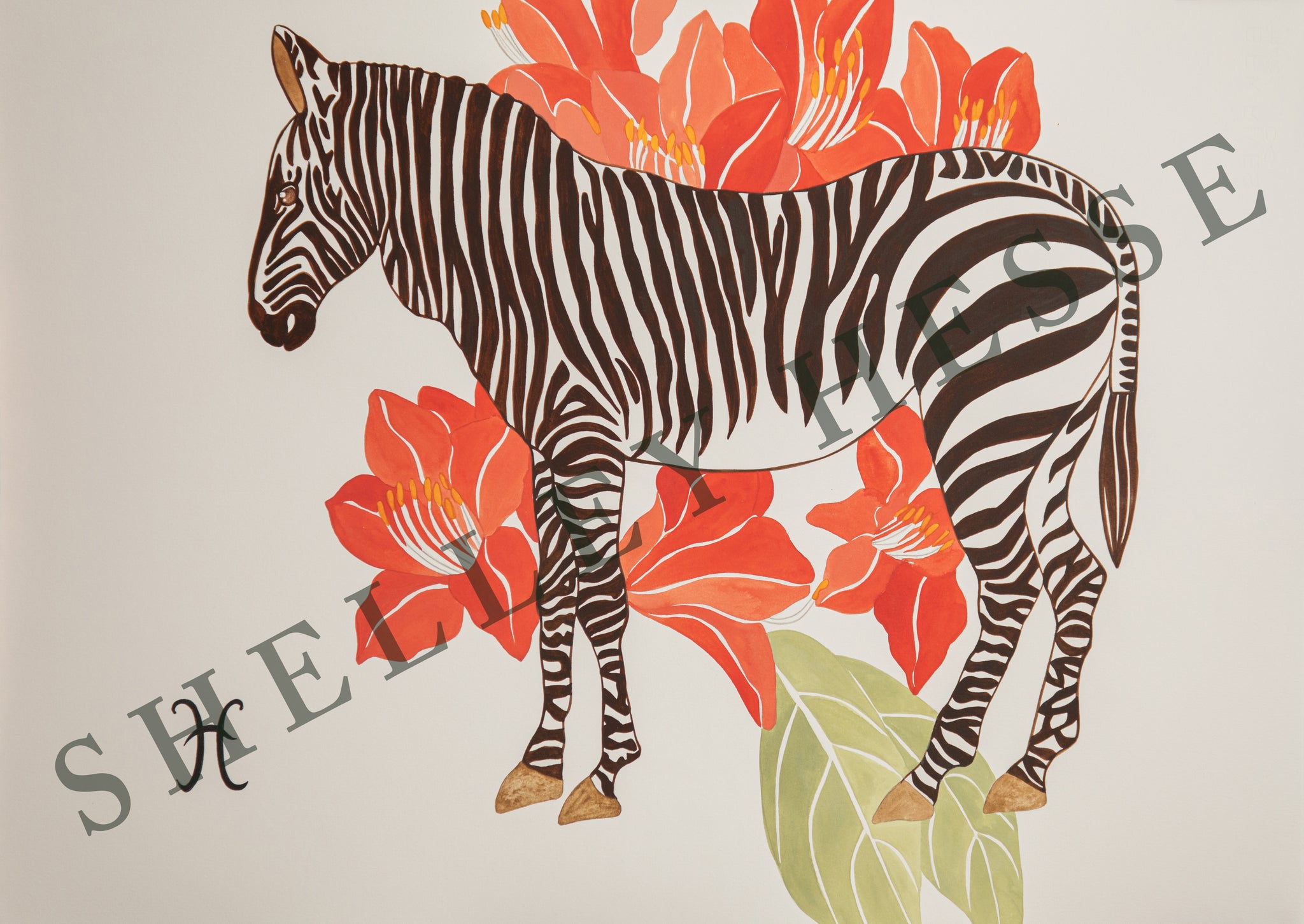 Zebra With Red Lilies